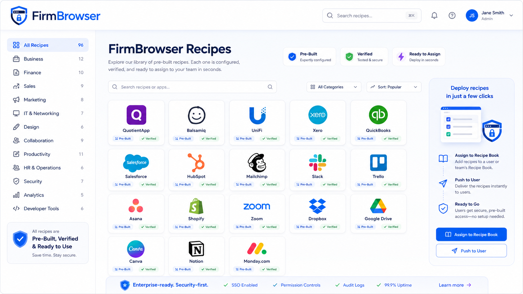 FirmBrowser Recipe Library dashboard showing categorised, pre-built and verified App Recipes for applications such as Xero, QuickBooks, Salesforce, HubSpot, Slack, Trello, Dropbox and Google Drive, with options to assign to a Recipe Book or push to a user.