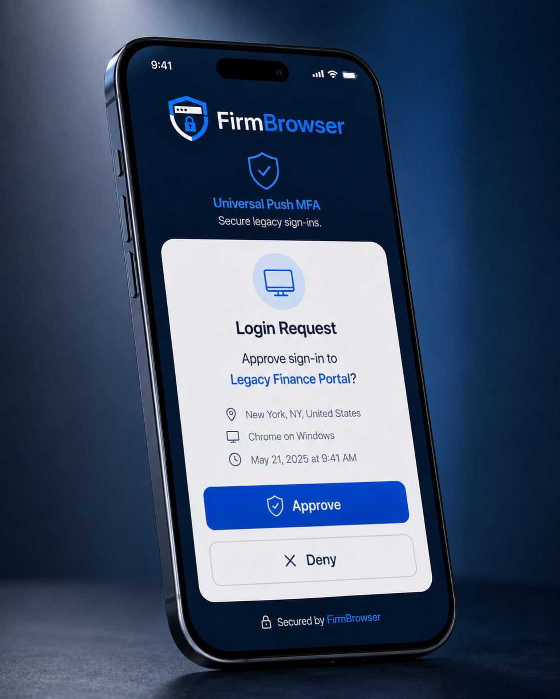 FirmBrowser mobile app showing a Universal Push MFA login request with Approve and Deny actions.